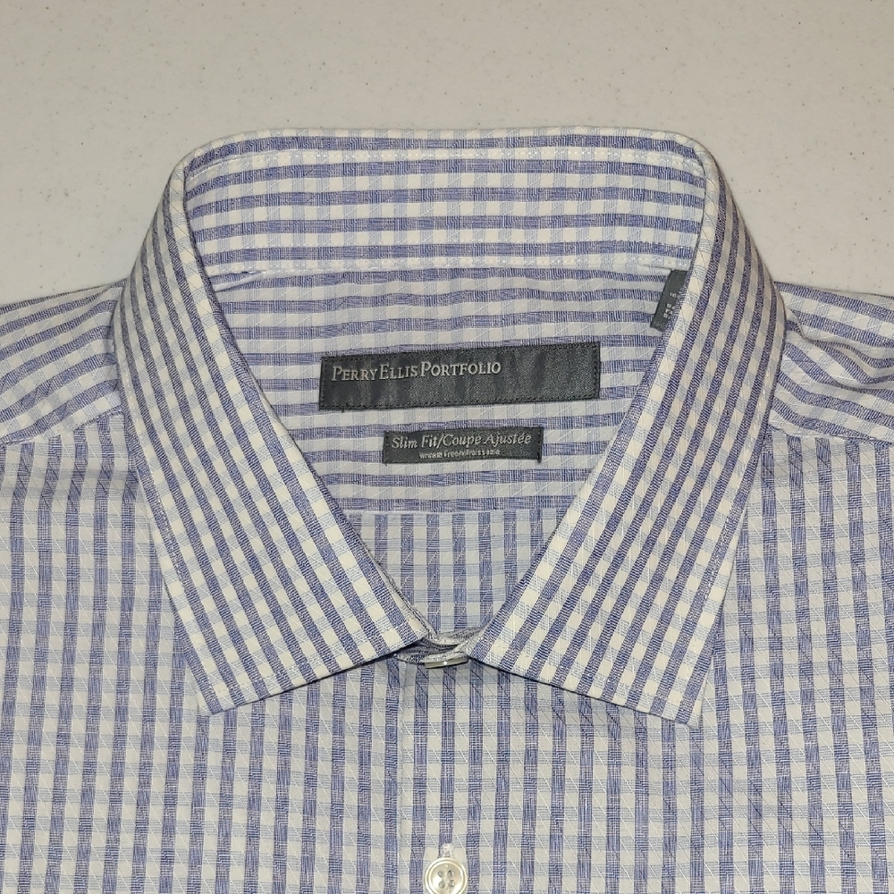 New Perry Ellis Portfolio Bkue And White Shirt. 100% Cotton. Sz 17.5